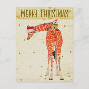 Gold Giraffe & Little Bird Christmas Postkarte