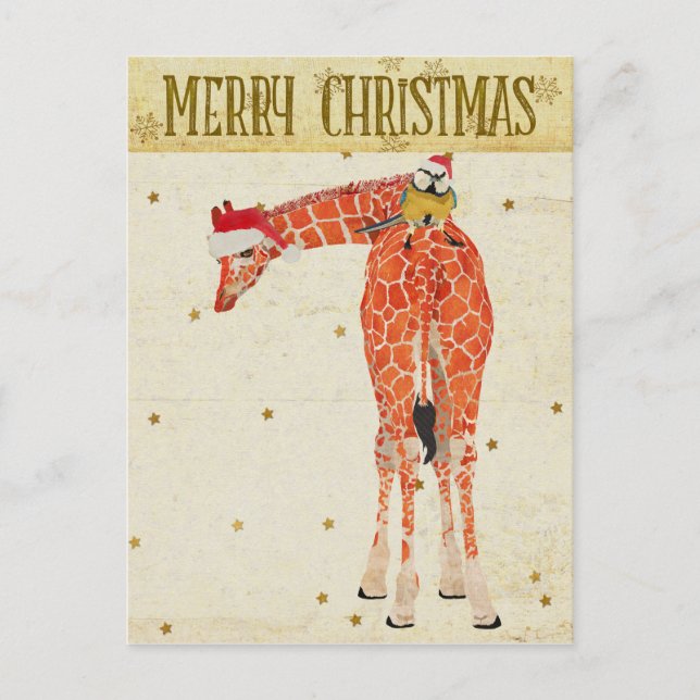 Gold Giraffe & Little Bird Christmas Postkarte (Vorderseite)