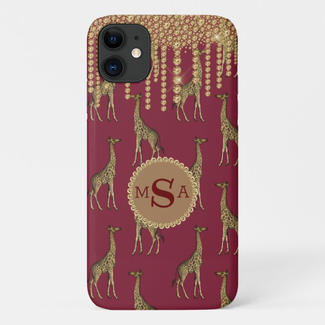 Gold Giraffe Monogram Bling Burgundy Jewels Case-Mate iPhone Hülle (Rückseite)