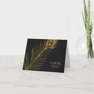 Gold Glam and Black Peacock Feather Thank you Dankeskarte