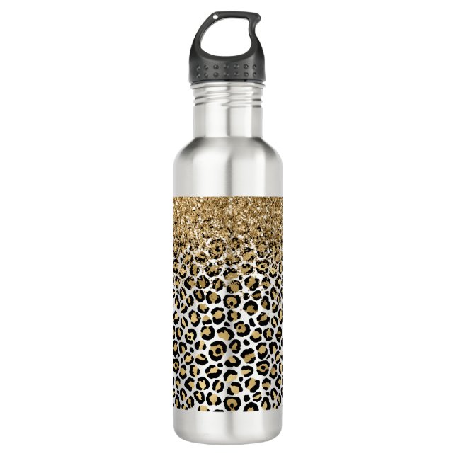 Gold Glam Black Leopard Print Glitzer Sparkasse Edelstahlflasche (Vorderseite)