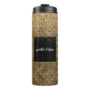 Gold Glam Black Leopard Print Imitat Glitzer Thermosbecher