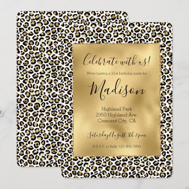 Gold Glam Black Leopard Print Sparkon Einladung (Vorne/Hinten)
