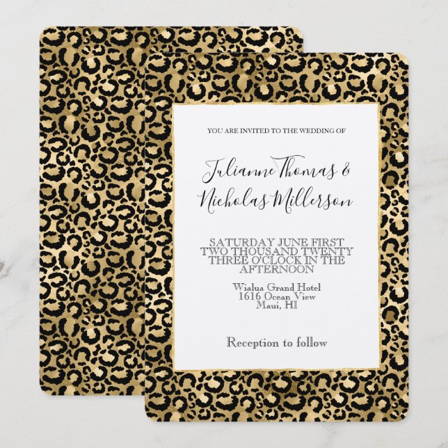 Gold Glam Black Leopard Printhochzeit Einladung (Vorne/Hinten)