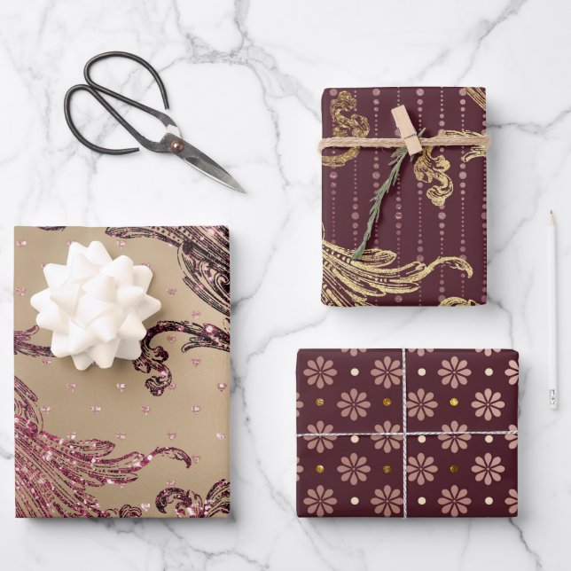 Gold Glam Burgundy Dots Geschenkpapier Set (Vorderseite)