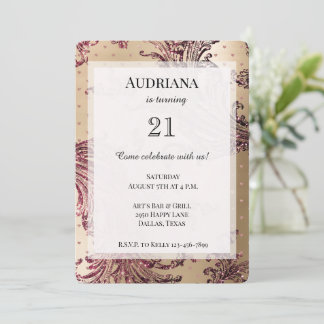 Gold Glam Burgundy Hearts Birthday Einladung