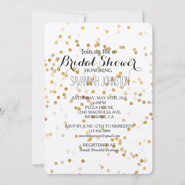 Gold Glam Confetti Brautparty Einladung (Vorderseite)