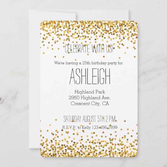 Gold Glam Confetti Dots Geburtstag Einladung (Vorderseite)