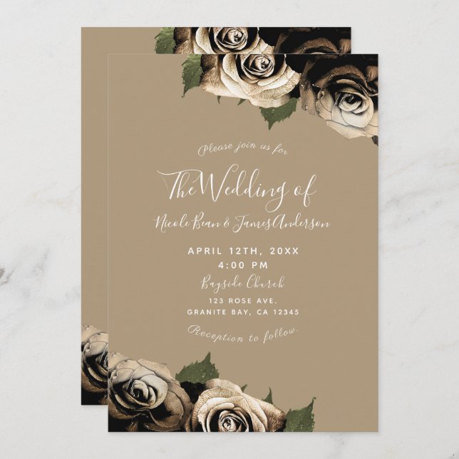 Gold Glam Floral Rose Elegantes Tan Wedding Einladung (Vorne/Hinten)