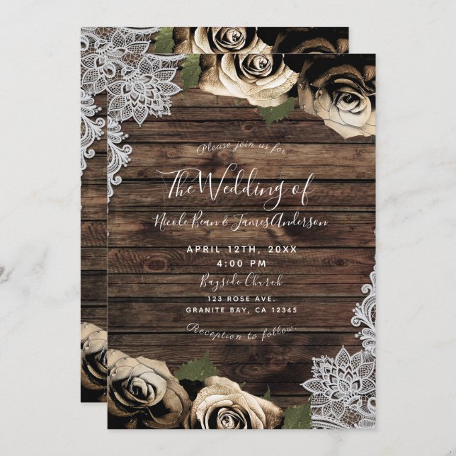 Gold Glam Floral Rose Rustikale Holzschnitzereien  Einladung (Vorne/Hinten)