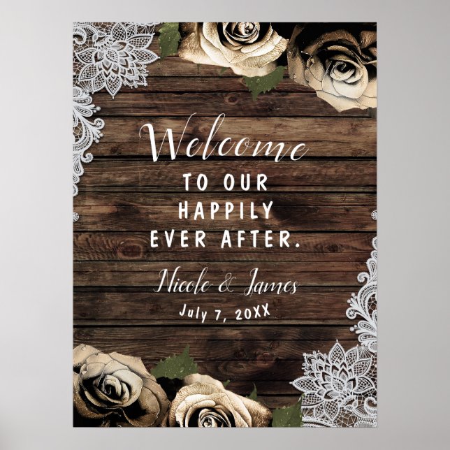 Gold Glam Floral Rose Rustikale Holzschnitzereien  Poster (Vorne)