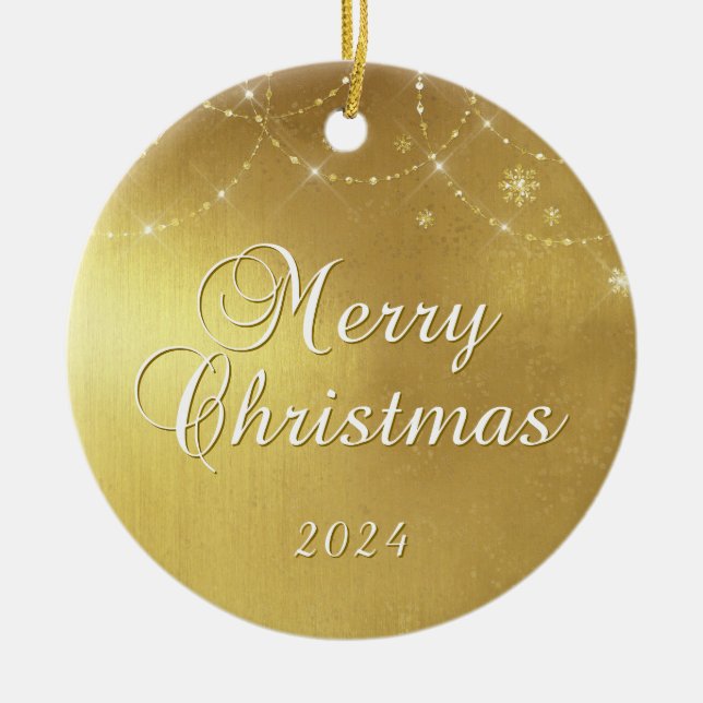 Gold Glam Frohe Weihnachts Couple Foto Keramik Ornament (Vorne)