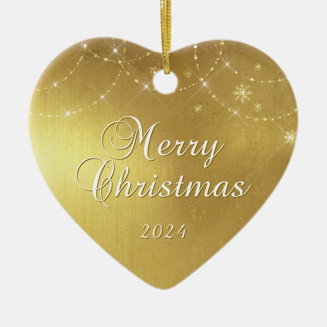 Gold Glam Frohe Weihnachts Couple Foto Keramik Ornament (Vorne)