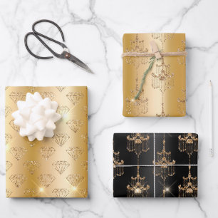 Gold Glam Glitzer Diamonds & Chandeliers Geschenkpapier Set