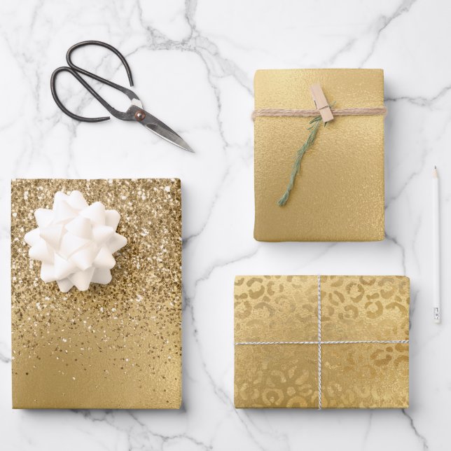 Gold Glam Glitzer Leopard Geschenkpapier Set (Vorderseite)