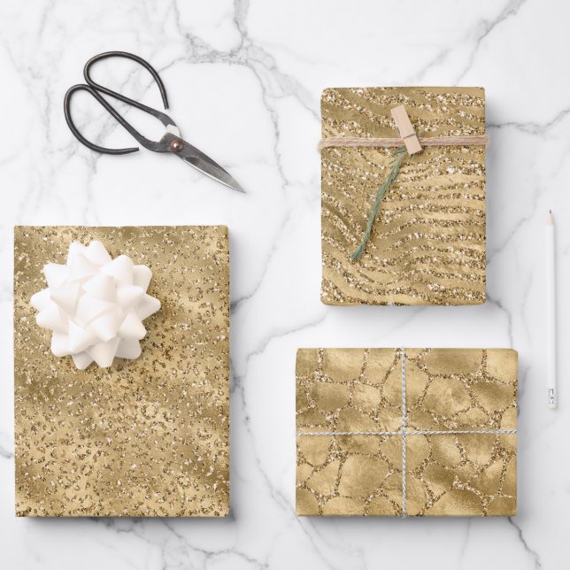 Gold Glam Glitzer Leopard Giraffe Zebra Animal Geschenkpapier Set (Vorderseite)