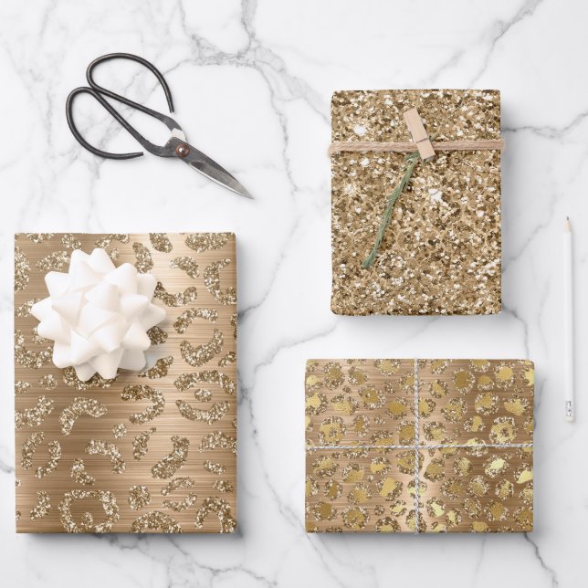 Gold Glam Glitzer Leopard Print Geschenkpapier Set (Vorderseite)