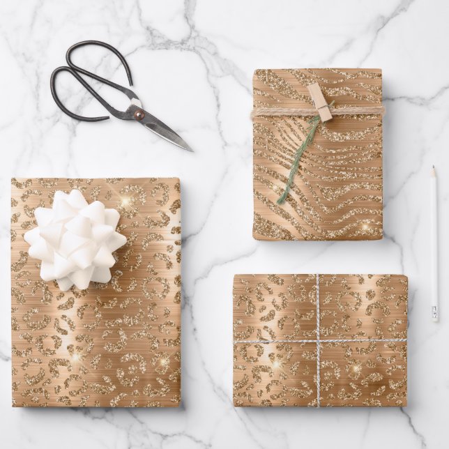 Gold Glam Glitzer Leopard Print Geschenkpapier Set (Vorderseite)