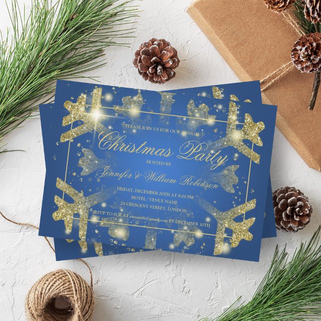 Gold Glam Glitzer Snowflake Einladung (Gold Glam Glitter Snowflake Xmas Holiday Blue Invitation)