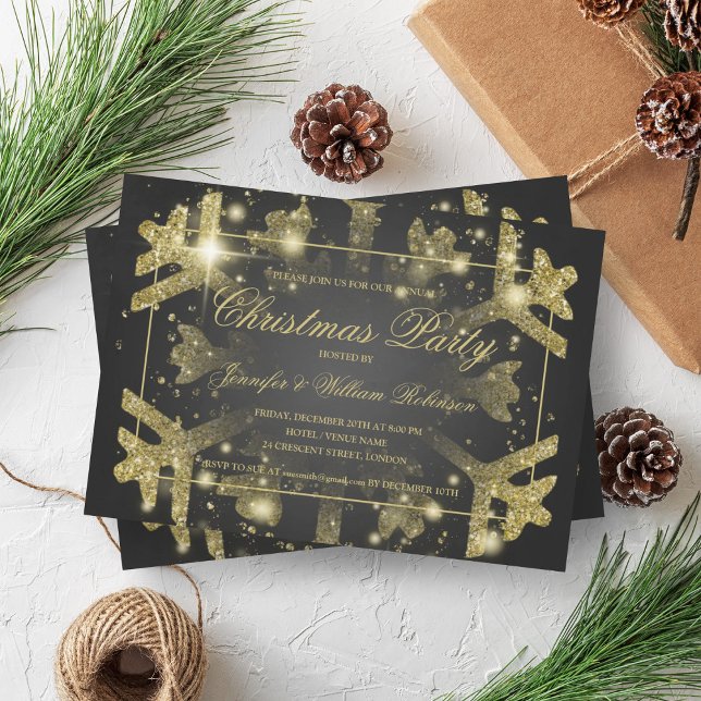 Gold Glam Glitzer Snowflake Xmas Holiday Black Einladung (Gold Glam Glitter Snowflake Xmas Holiday Black Invitation)