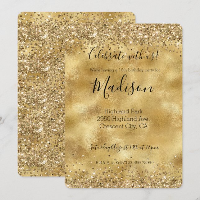 Gold Glam Glitzer Sparkle Confetti Einladung (Vorne/Hinten)