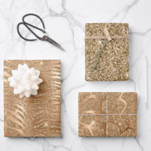 Gold Glam Glitzer Zebra Print Geschenkpapier Set