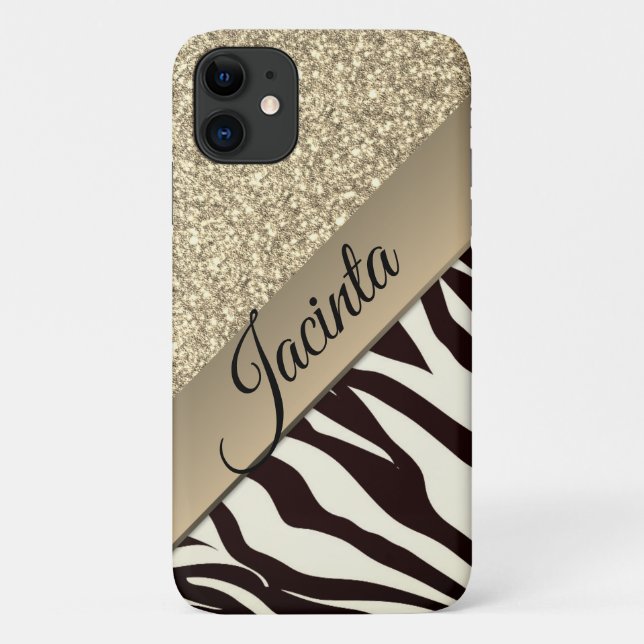 Gold Glam Glitzer Zebra Print Personalisiert Case-Mate iPhone Hülle (Rückseite)