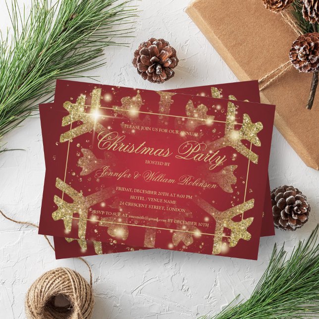 Gold Glam Glitzern Snowflake Xmas Holiday Red Einladung (Gold Glam Glitter Snowflake Xmas Holiday Red Invitation)