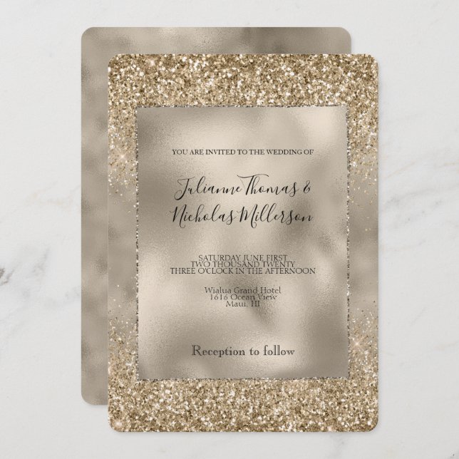 Gold Glam Glitzy Glitzer Wedding Einladung (Vorne/Hinten)