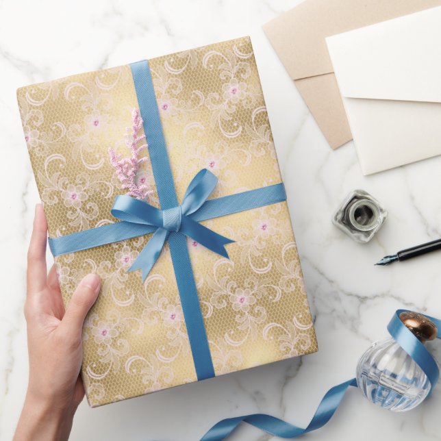 Gold Glam Hübsch Pink Floral Lace Brautparty Geschenkpapier (Schenken)