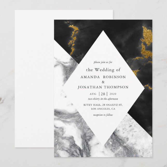 Gold Glam Imitate Glitzer Marmorhochzeit Einladung (Vorne/Hinten)