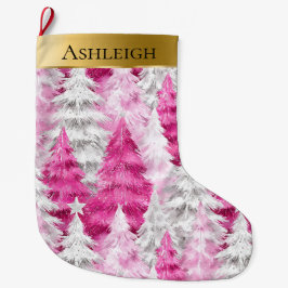 Gold Glam Pink White Christmas Trees Großer Weihnachtsstrumpf