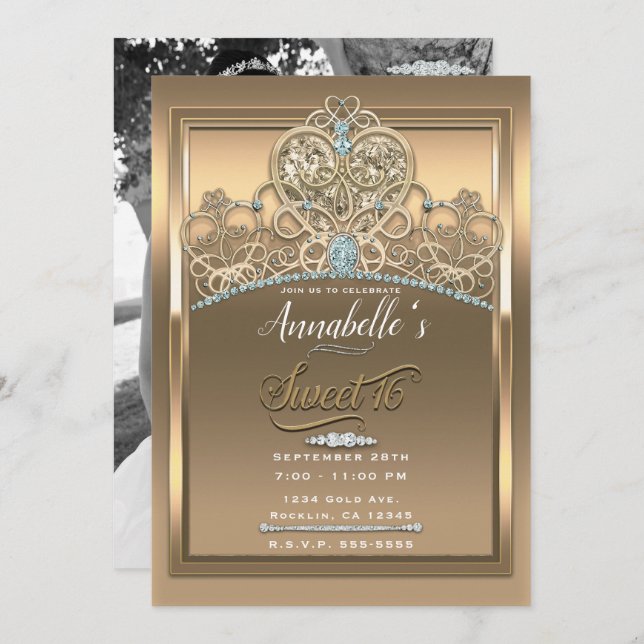 Gold Glam Princess Herz Tiara Sweet 16 Foto Einladung (Vorne/Hinten)