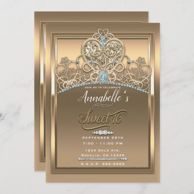 Gold Glam Princess Herz Tiara Sweet 16 Party Einladung (Vorne/Hinten)