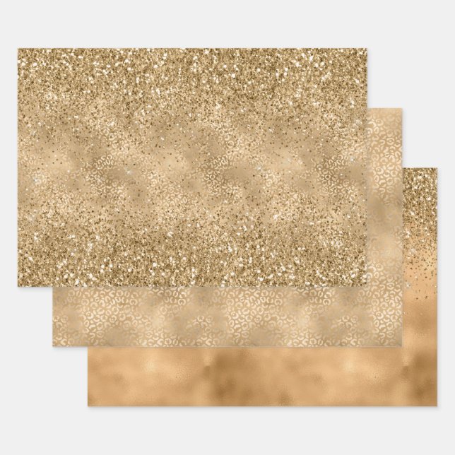 Gold Glam Sparkle Leopard Print Glitzer Geschenkpapier Set (Set)