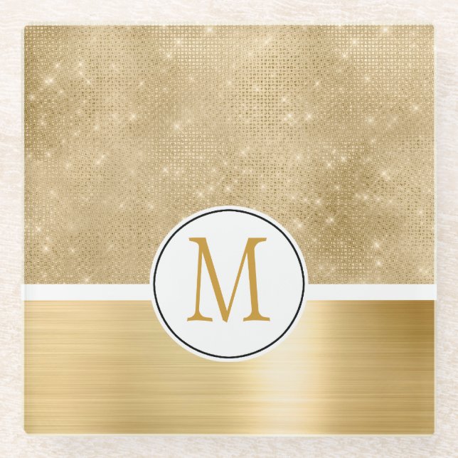 Gold Glam Sparkle Monogram Glasuntersetzer (Vorderseite)