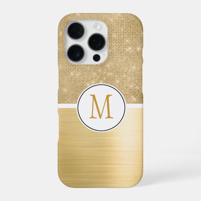 Gold Glam Sparkle Monogram iPhone Hülle (Rückseite)