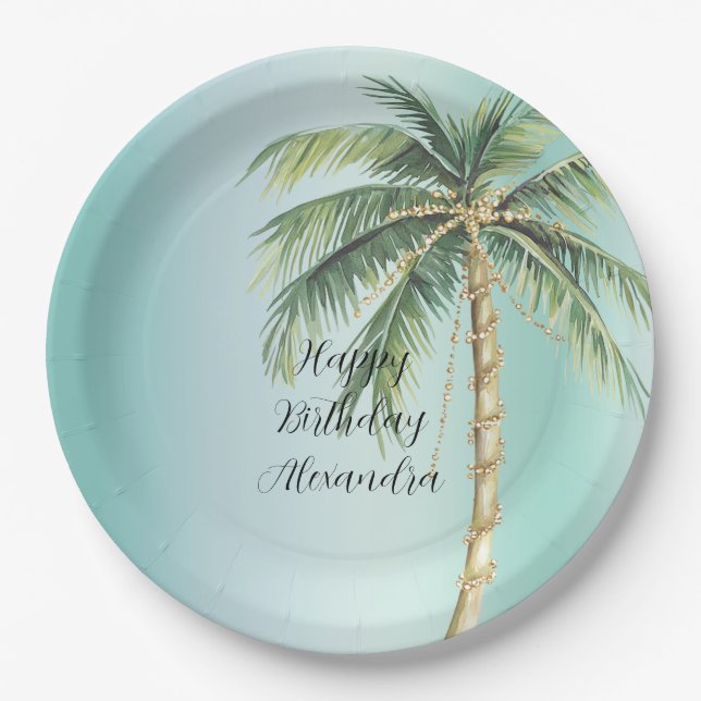Gold Glam Tropical Palm Tree Geburtstag Pappteller (Vorderseite)