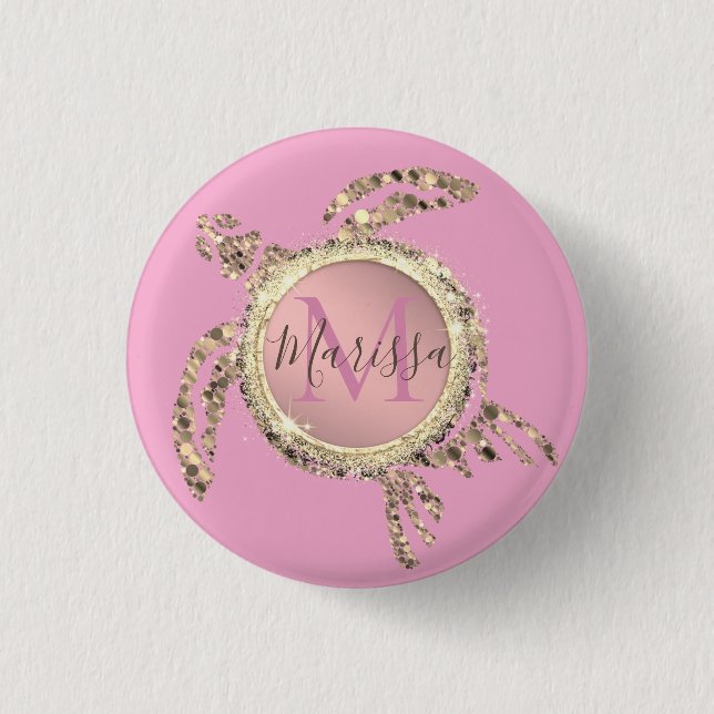 Gold Glam Turtle Monogram Button (Vorderseite)