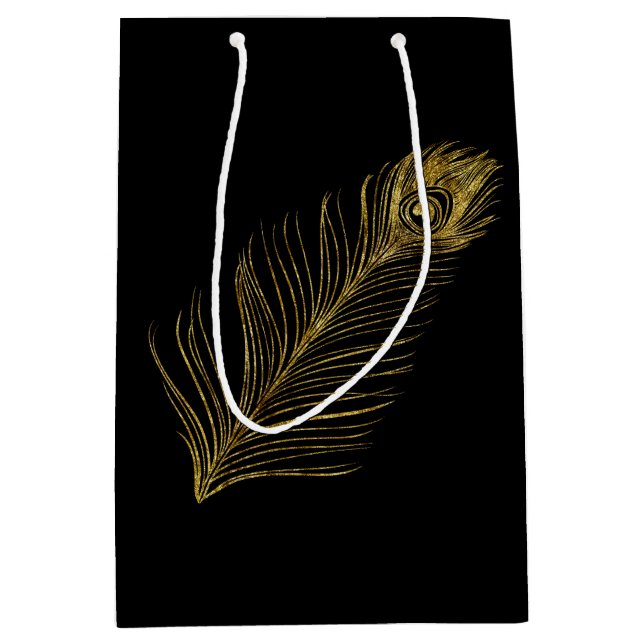 Gold Glam und Black Peacock Feather Mittlere Geschenktüte (Vorderseite)
