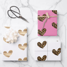 Gold-Glam und Leopard-Herzen in Weiß und Rosa Geschenkpapier Set