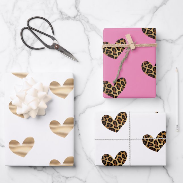 Gold-Glam und Leopard-Herzen in Weiß und Rosa Geschenkpapier Set (Vorderseite)