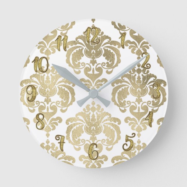 Gold Glam & White Damask Modern Personalisiert Runde Wanduhr (Vorderseite)
