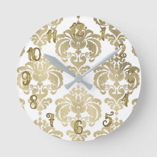 Gold Glam & White Damast Modern Personalisiert Runde Wanduhr