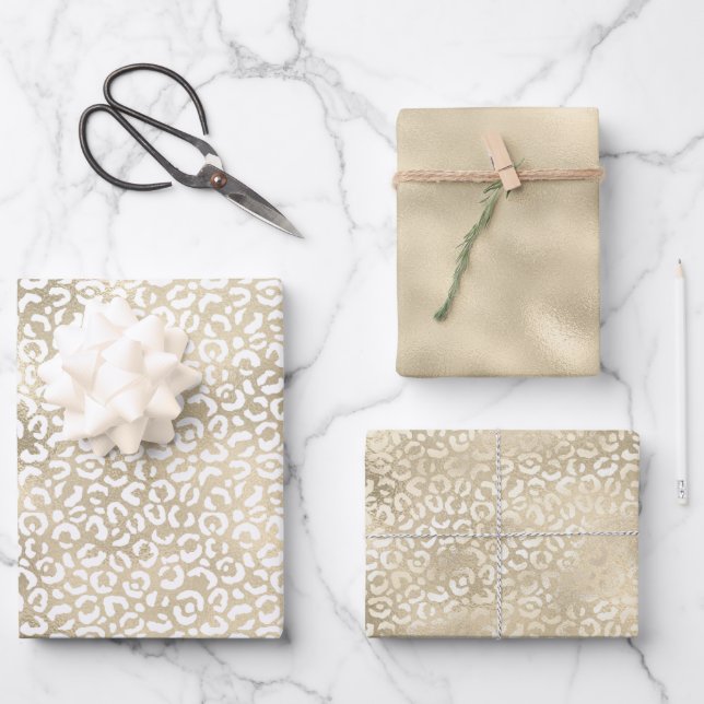 Gold Glam White Leopard Print Geschenkpapier Set (Vorderseite)