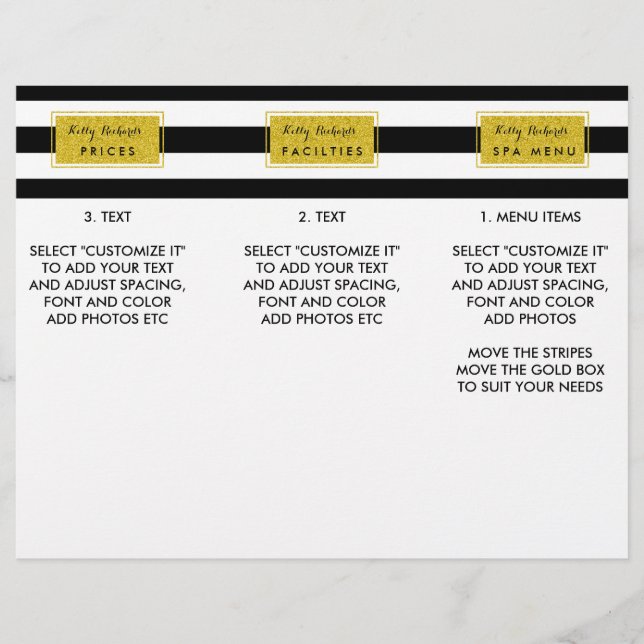 Gold Glamour Black Stripes Salon Menü Broschüre (Vorderseite)