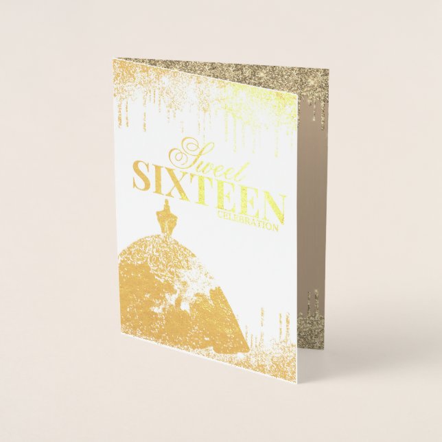 Gold Glamour Glitzer Spark Tropfen Sweet 16 Geburt Folienkarte (Vorderseite)