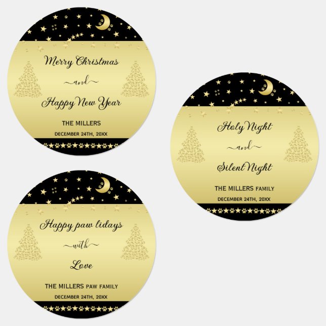 Gold glänzende Weihnachtssterne, Pfoten auf Gold u Etiketten (Gruppe)