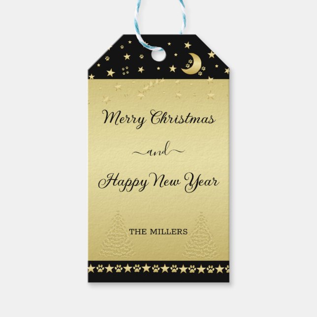 Gold glänzende Weihnachtssterne, Pfoten auf Gold u Geschenkanhänger (Vorderseite)