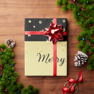 Gold glänzende Weihnachtssterne, Pfoten auf Gold u Geschenkpapier